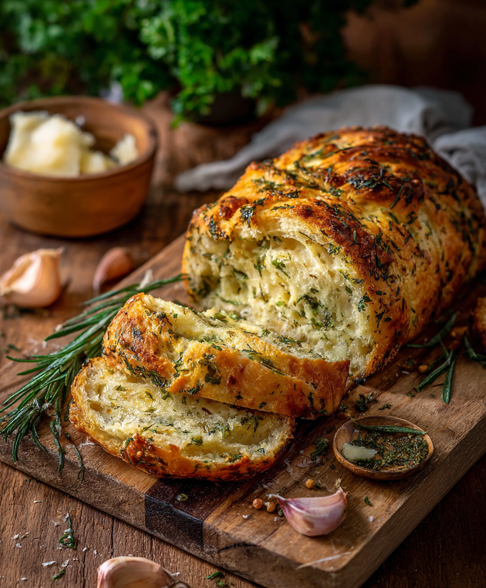 Sliced interior of the bread showing melted mozzarella and herbs