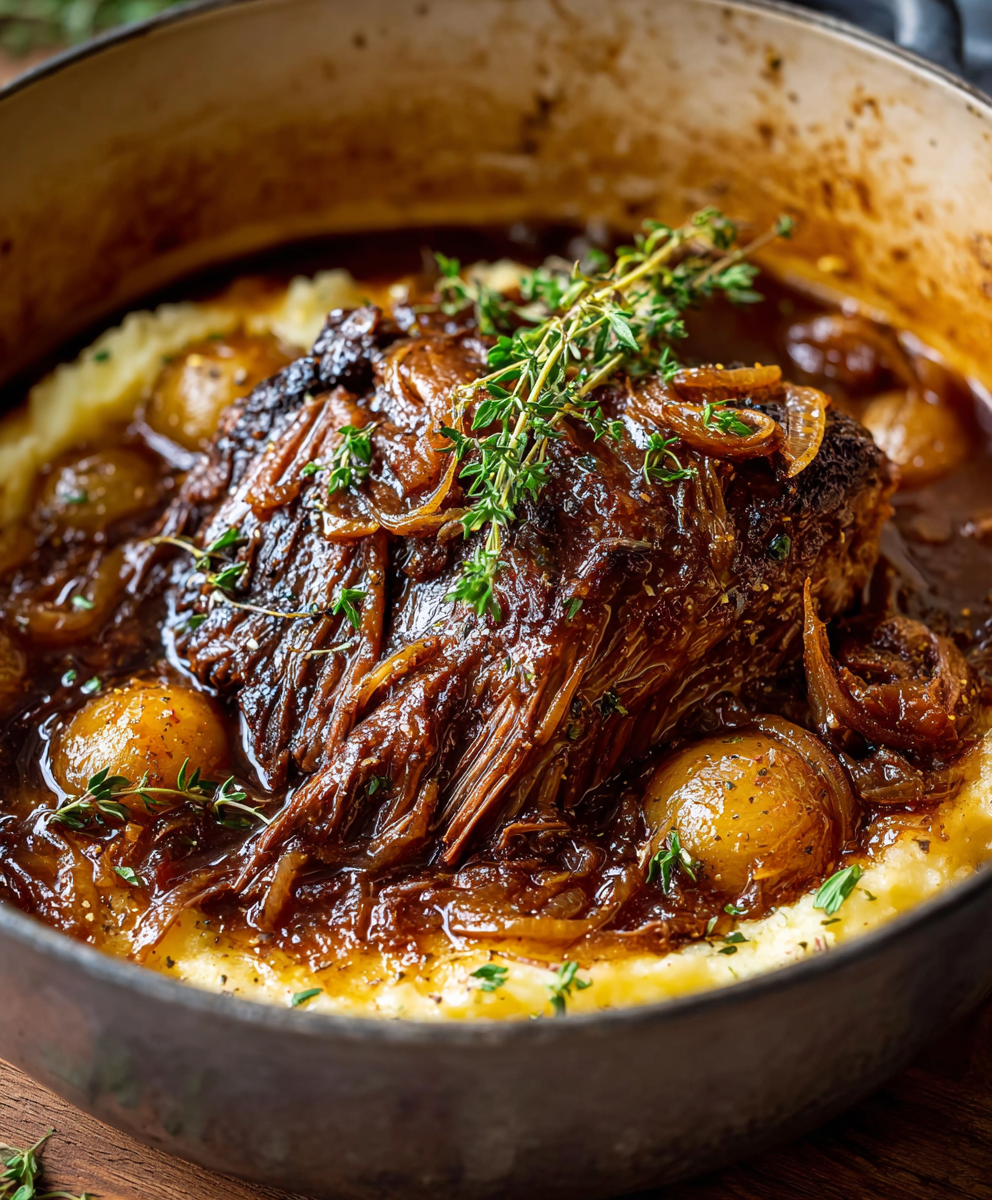 Sliced pot roast plated with caramelized onions