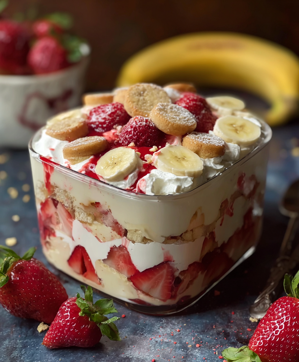 Layered dessert showing wafers, bananas and strawberries