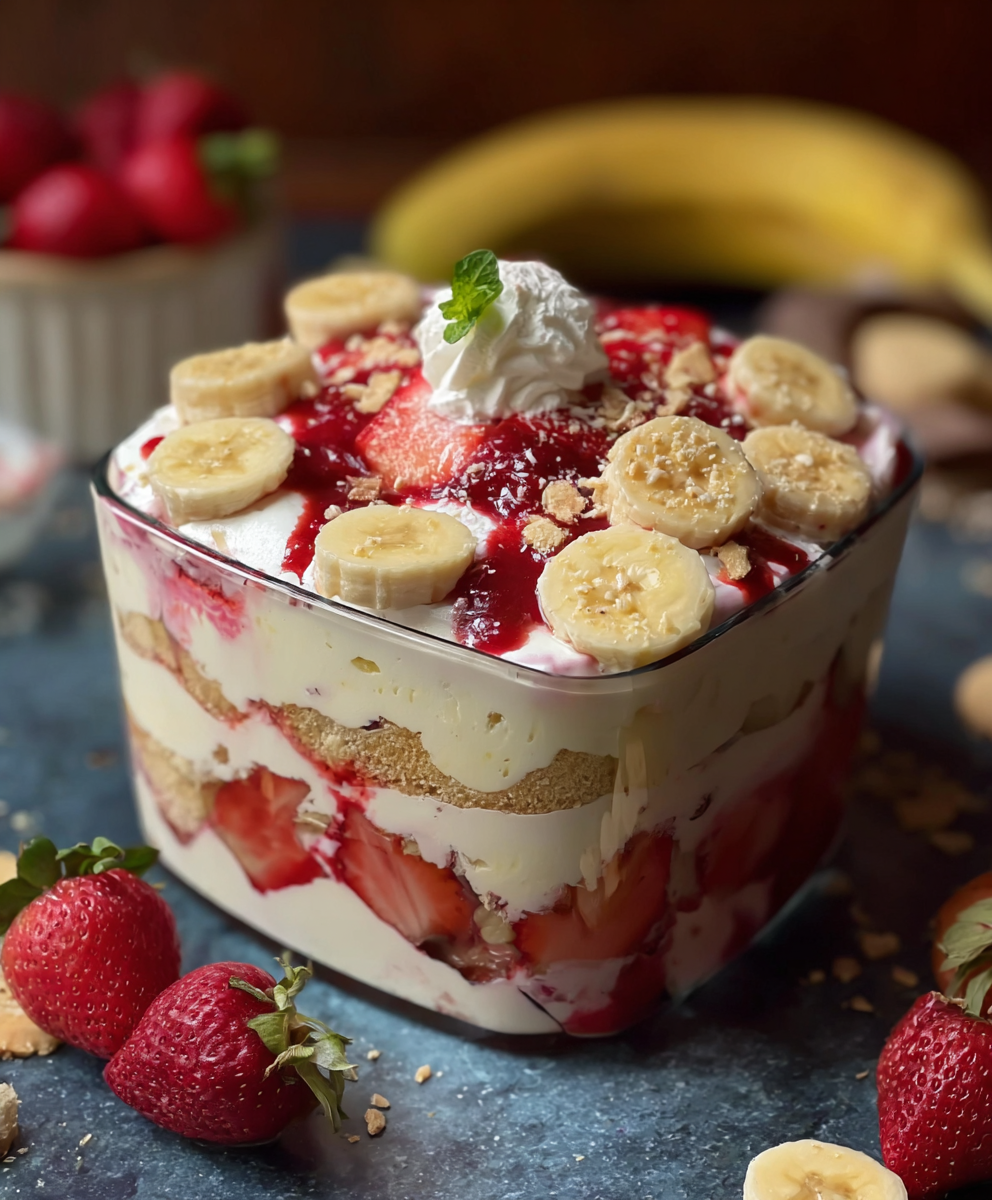Close-up of strawberries and banana slices layered