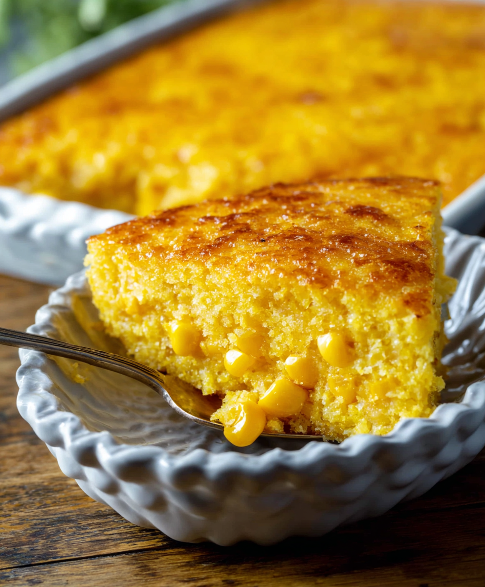 Paula Deen style corn casserole fresh from oven