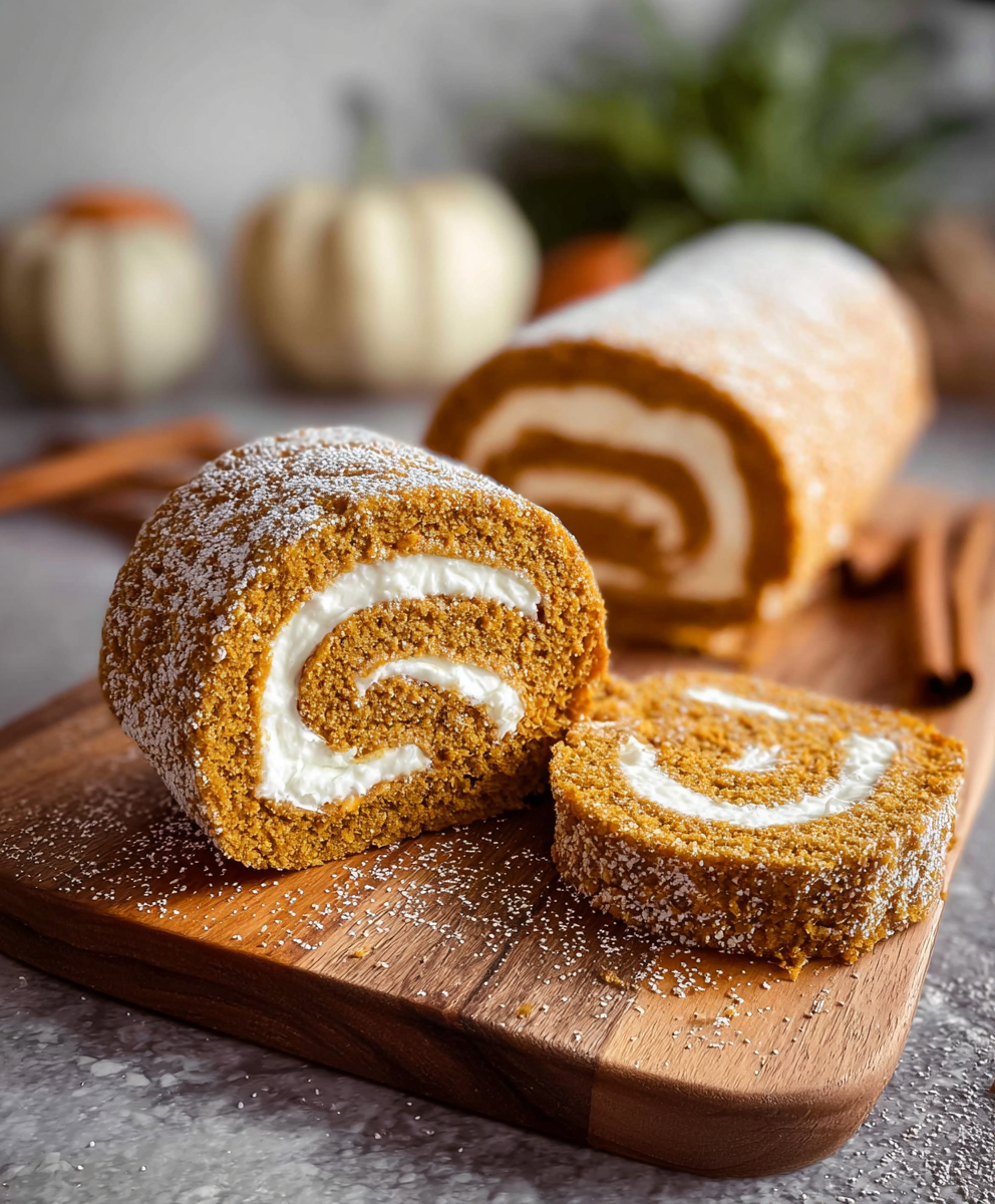 Sliced pumpkin roll on serving plate