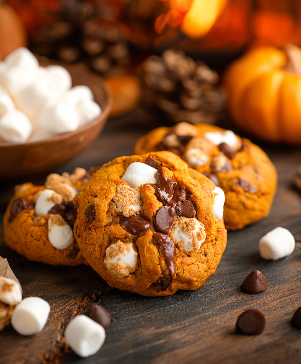 Stack of pumpkin s'mores cookies with graham cracker crumbs