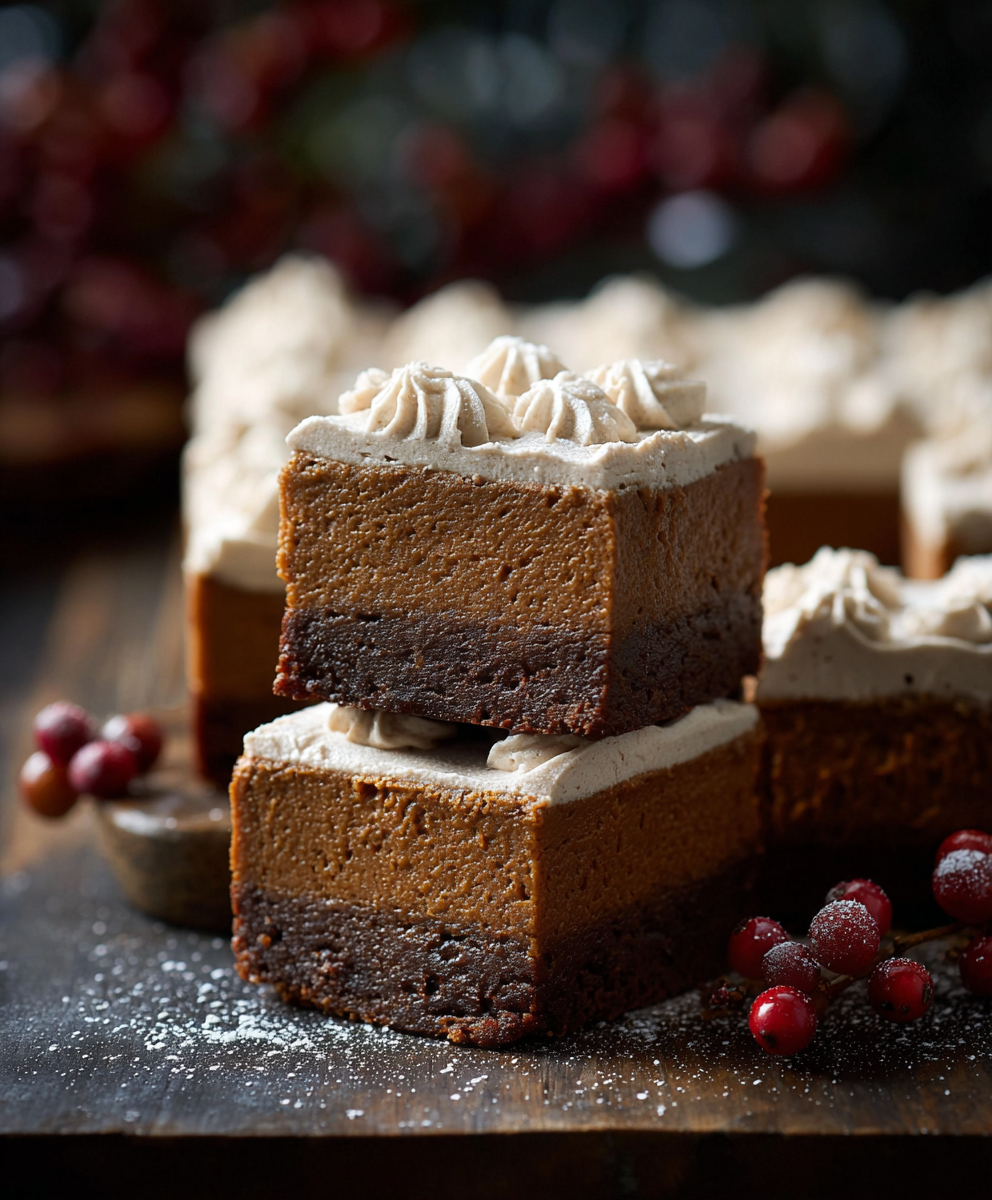 Pan of gingerbread brownies with frosting being sliced