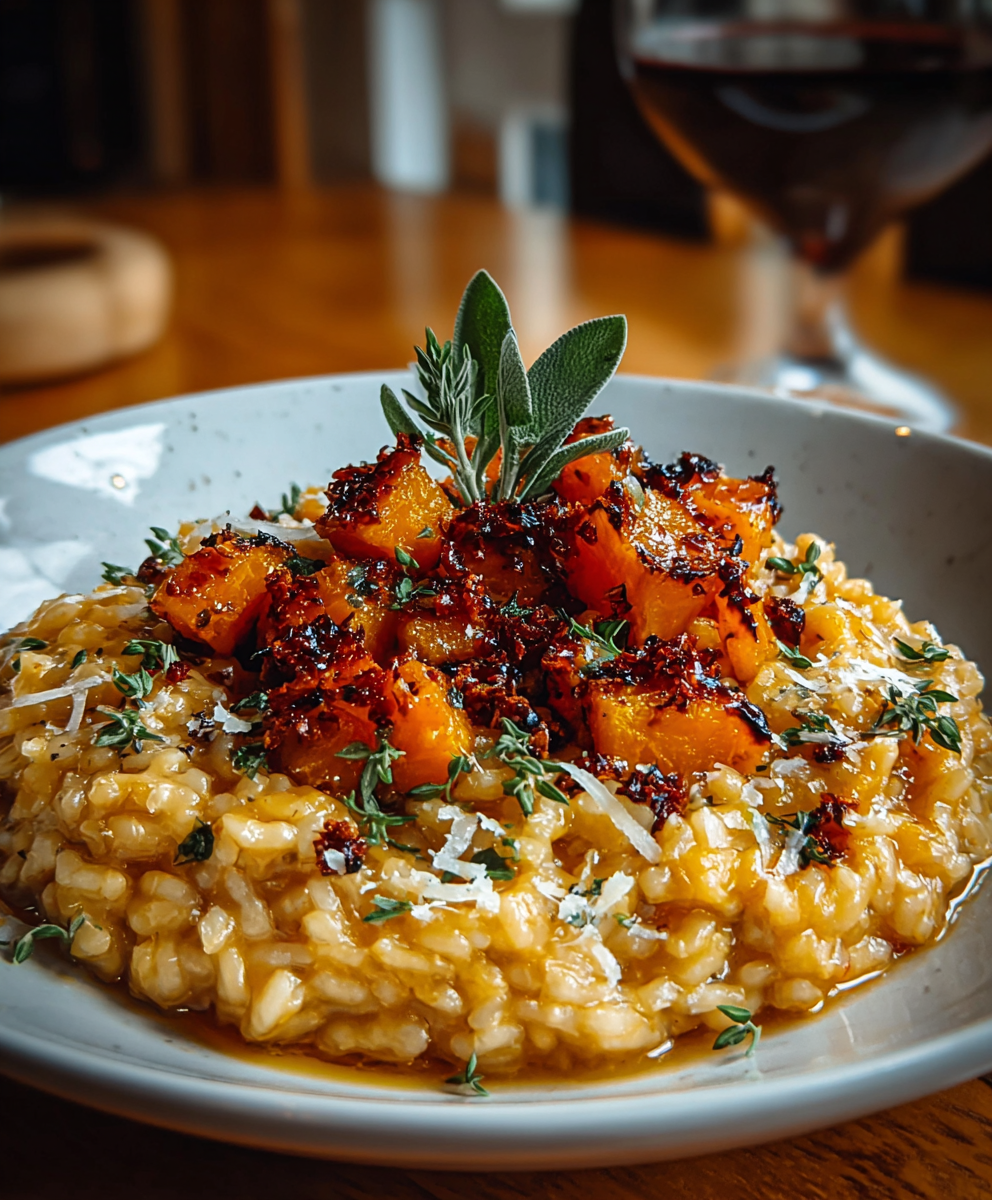 Creamy bowl of risotto topped with sage