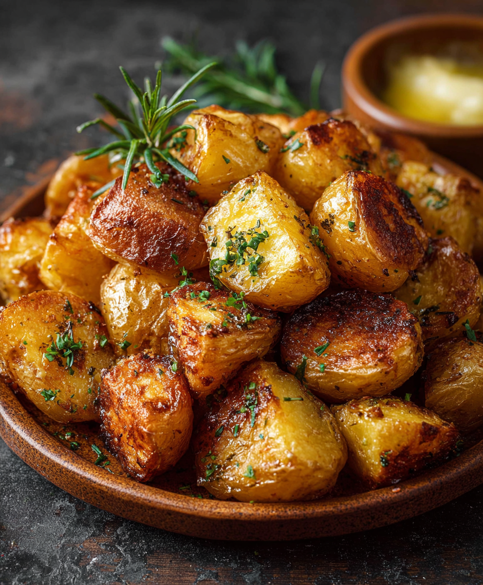 Golden roast potatoes in pan