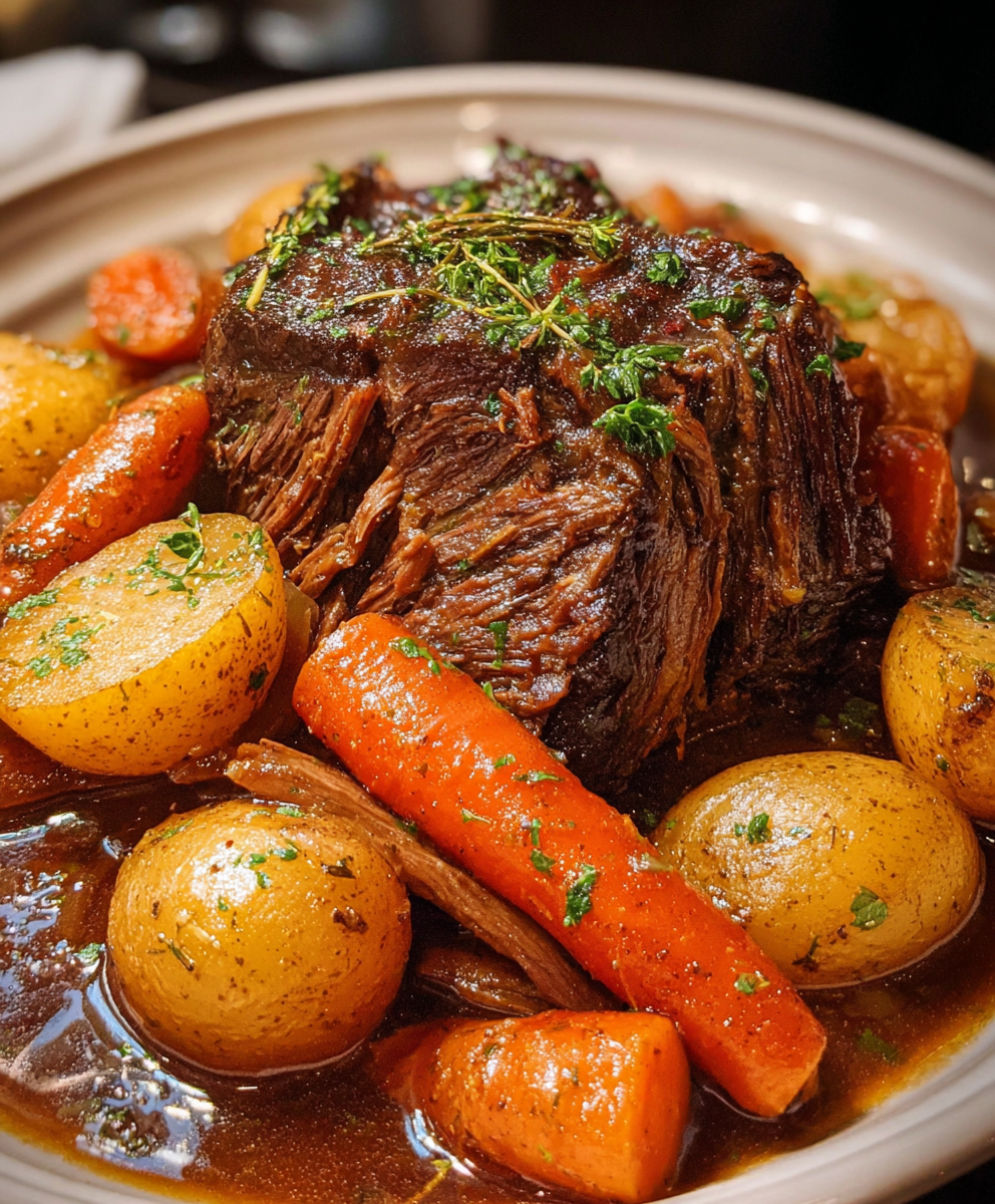 Slow cooked pot roast served with vegetables