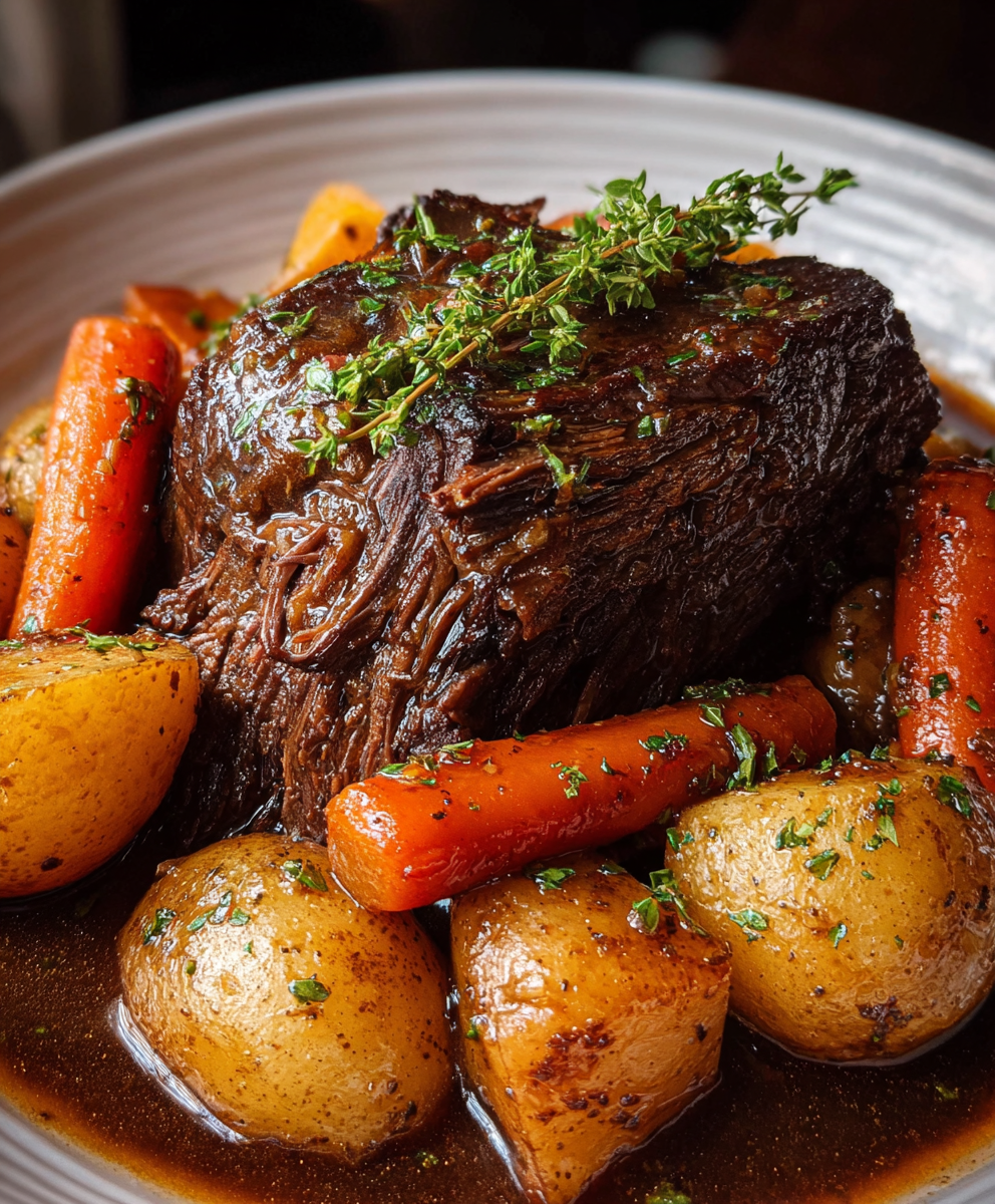 Sliced pot roast with gravy and herbs