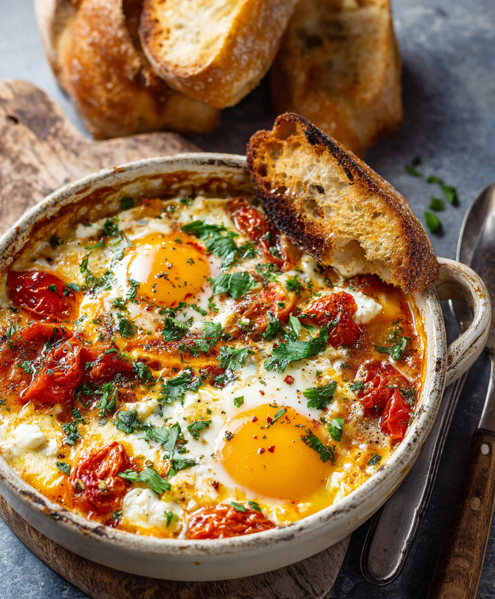 Close up of baked feta with eggs and herbs