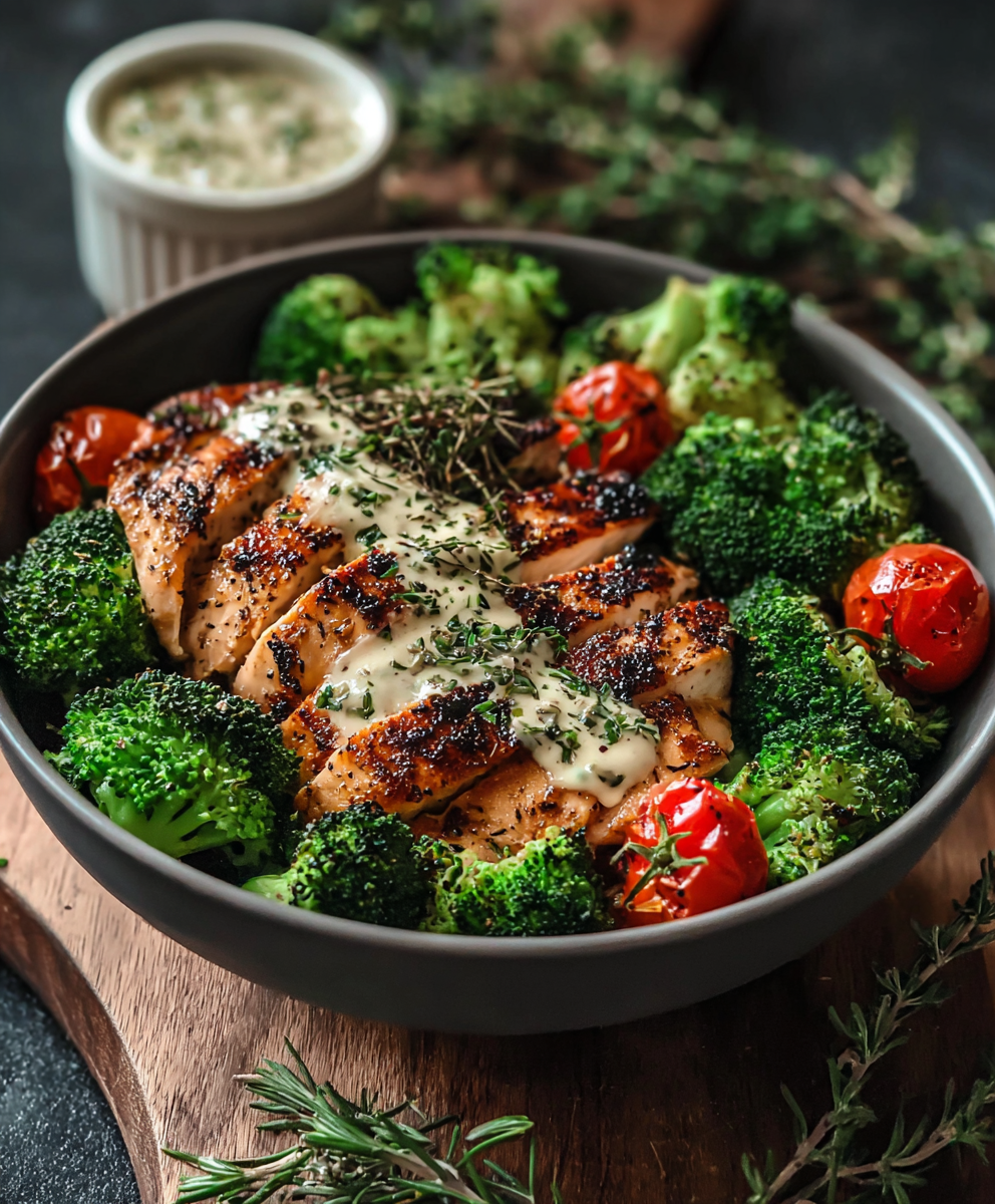 Grilled chicken and roasted broccoli bowl with creamy garlic sauce