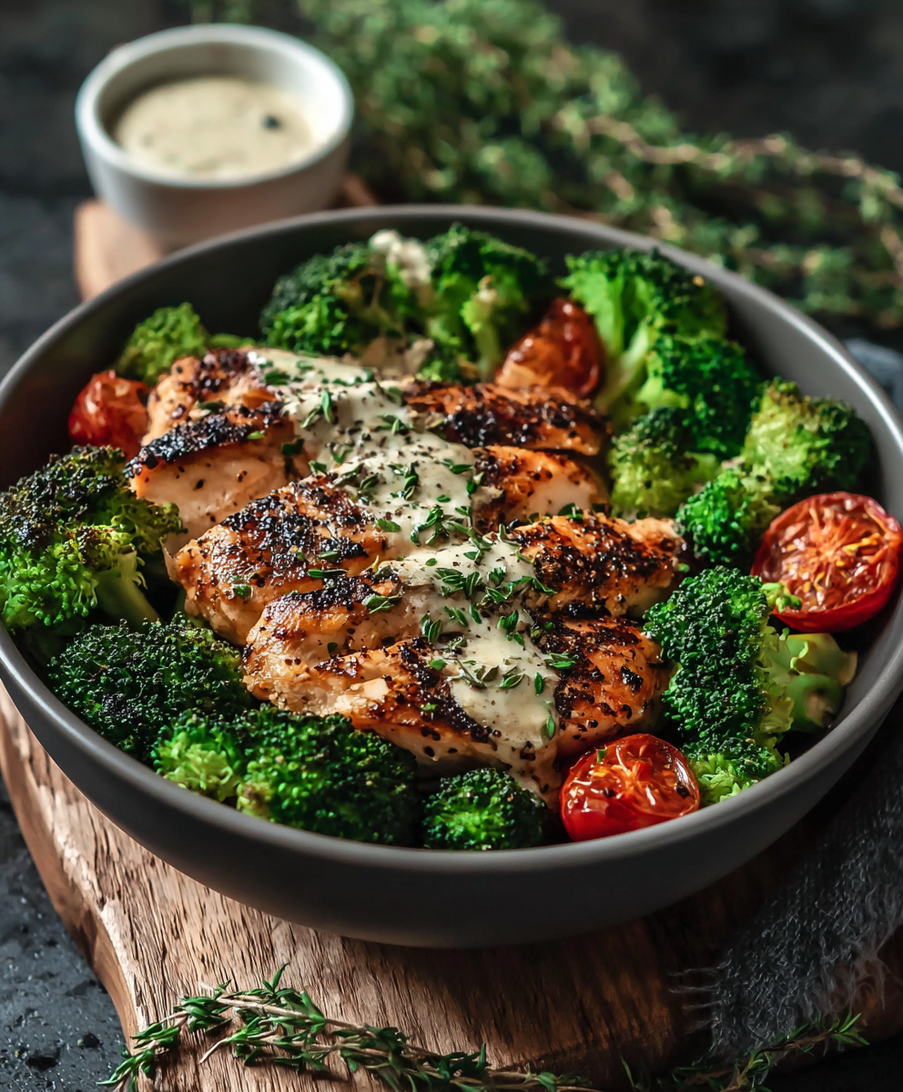 Close-up of grilled chicken and broccoli over grains