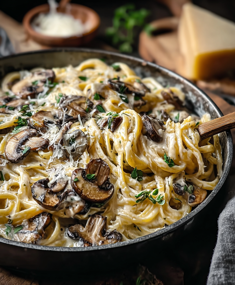 Plate of creamy gruyere pasta garnished with parsley