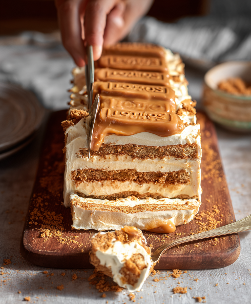 Loaf pan lined with plastic wrap and layers of Lotus cream and biscuits