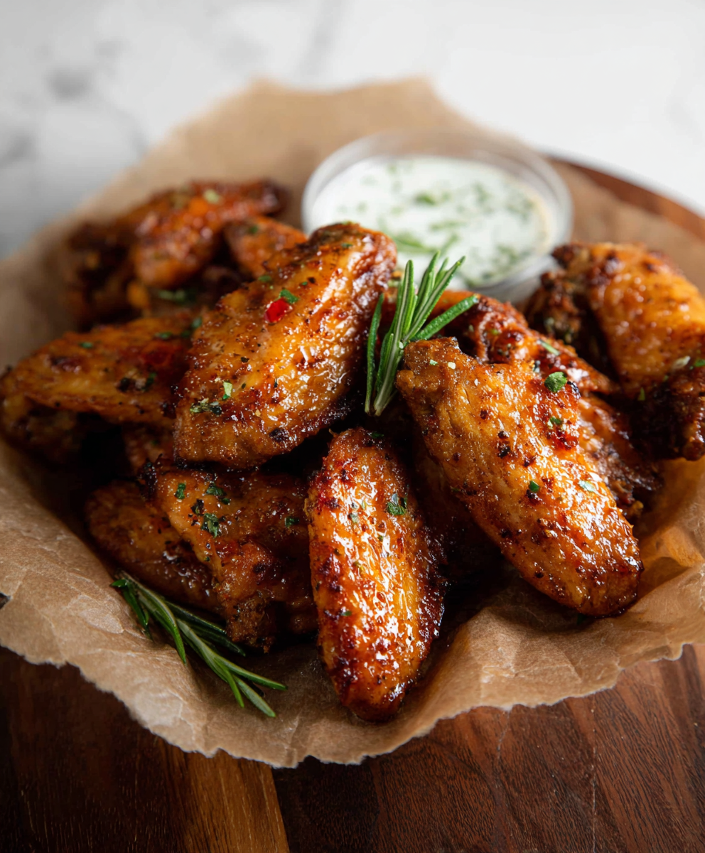 Crispy baked wings arranged on a platter with dipping sauce