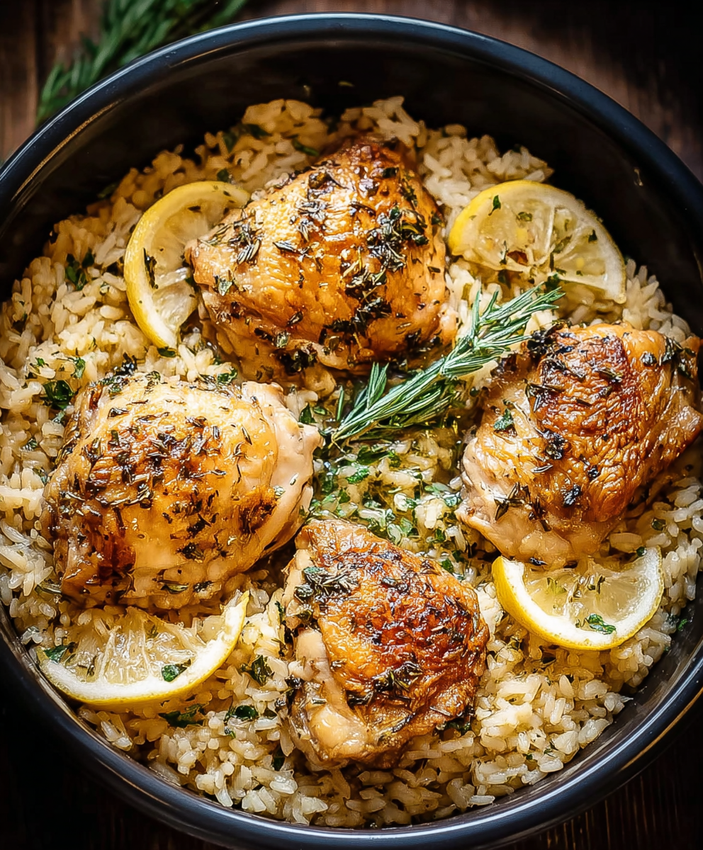 Garnished lemon slices and parsley on top of chicken and rice