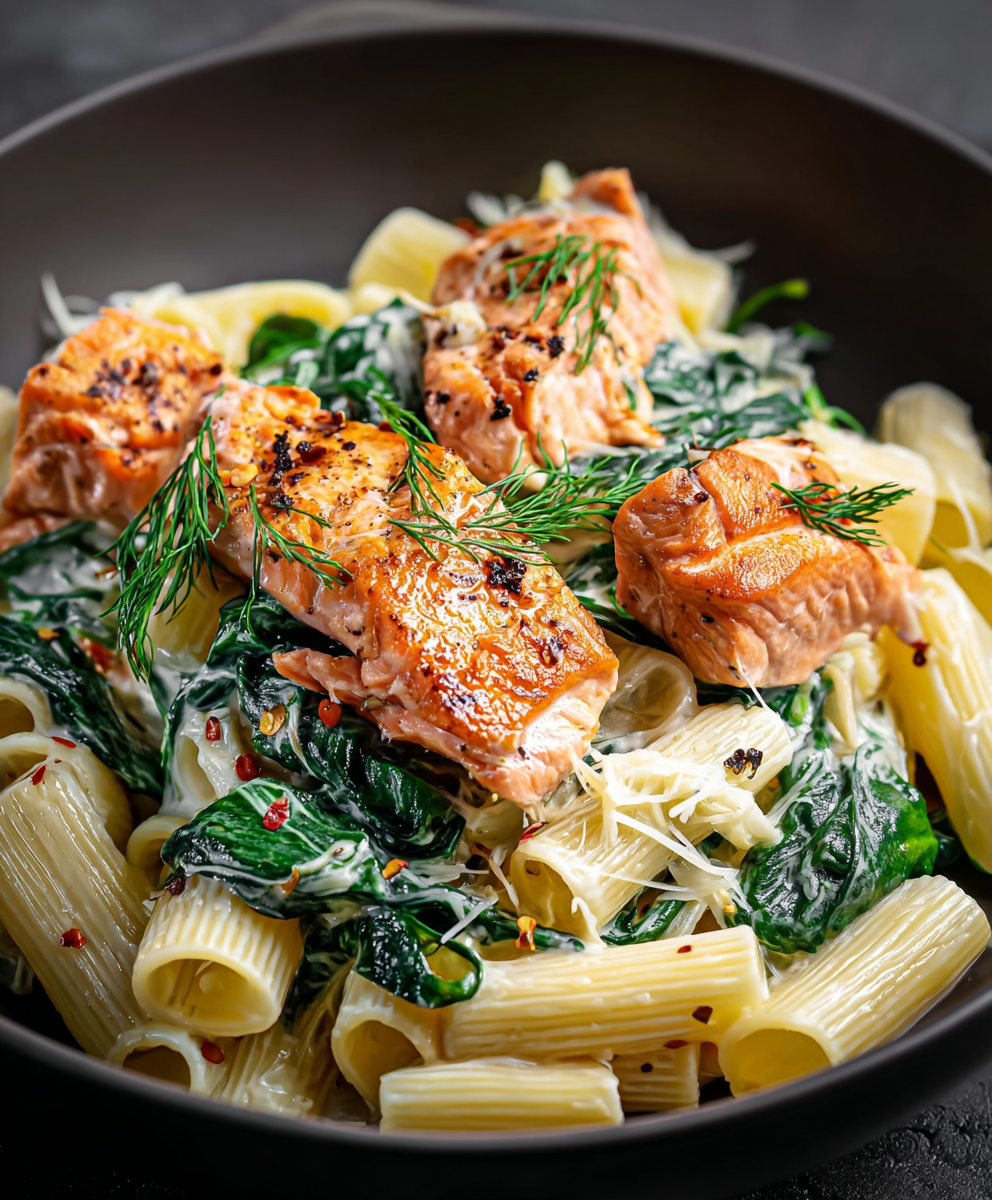 Creamy pasta tossed with spinach and salmon flakes