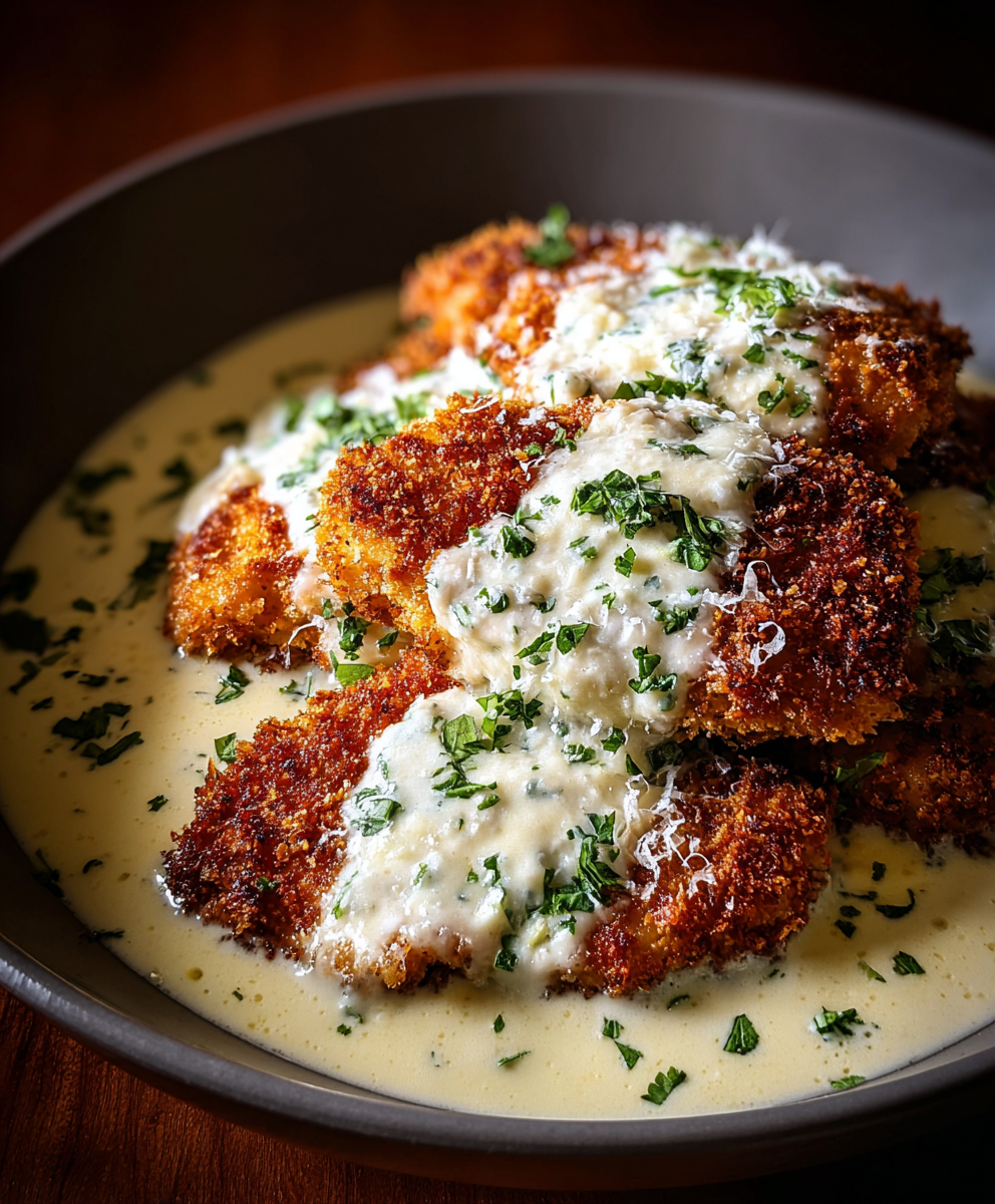 Golden crispy Parmesan coated chicken in skillet
