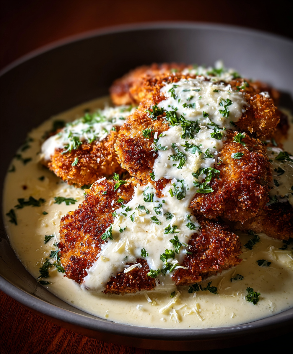 Creamy garlic sauce poured over crisp chicken
