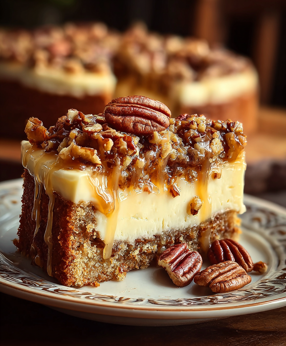 Close-up of gooey butter pecan cake slice