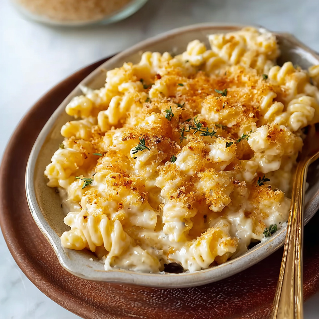 Baked Boursin mac and cheese in a dish
