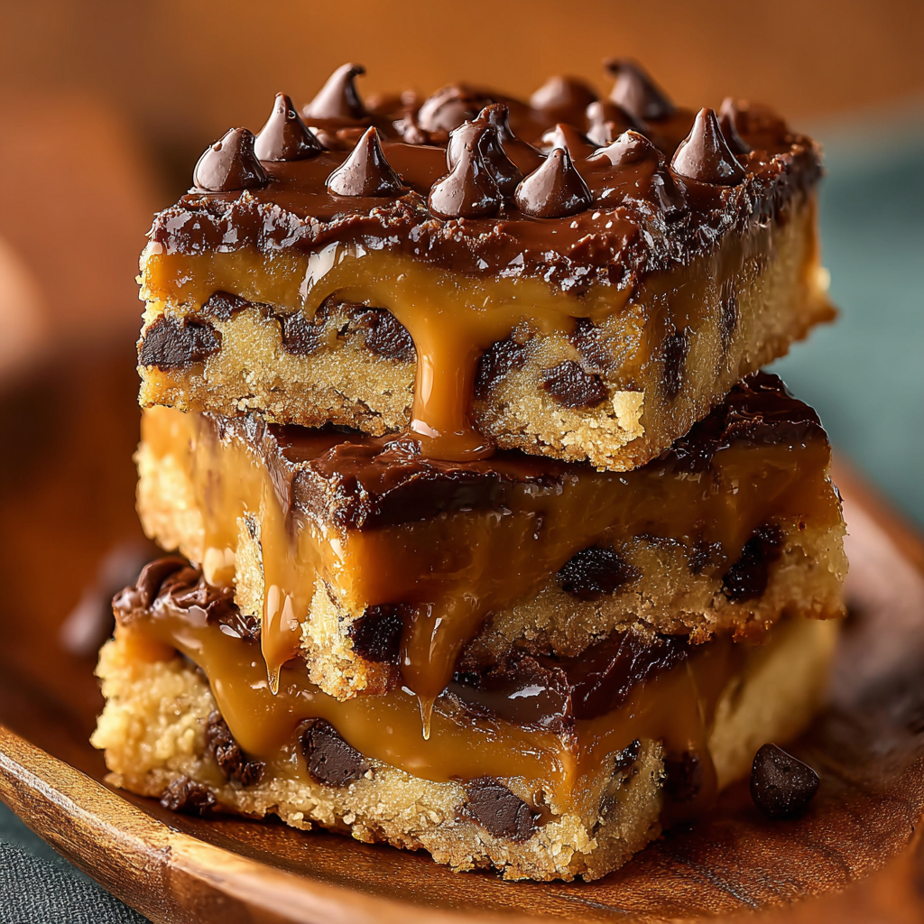 Caramel Cookie Bars in pan, golden top