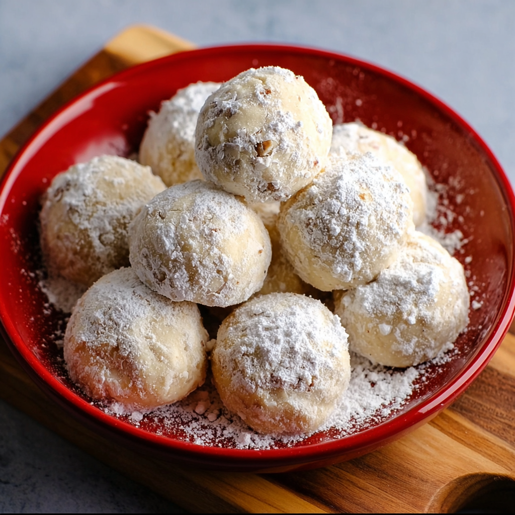Snowball cookies arranged on a wire rack