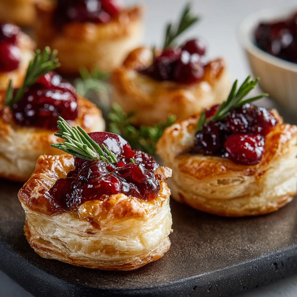 Cranberry brie bites on a serving tray with thyme