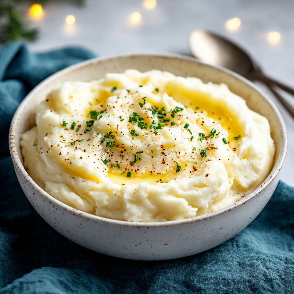 Creamy mashed potatoes in a bowl with butter melting on top