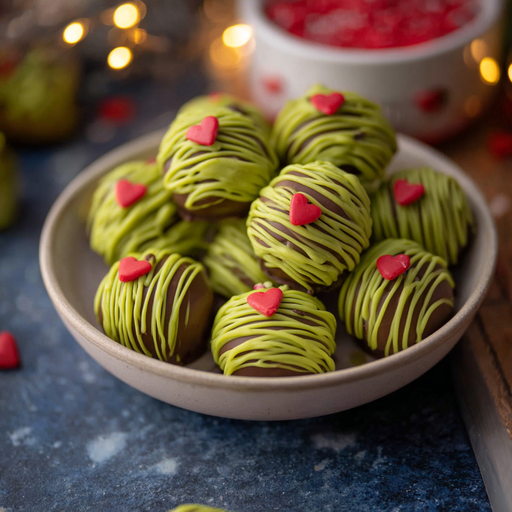 Close-up of a Grinch Oreo truffle with red sprinkle