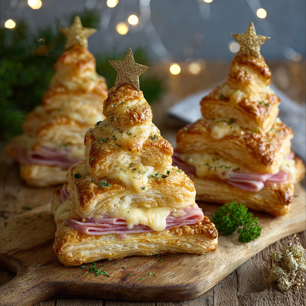 Ham and cheese puff pastry trees on baking sheet
