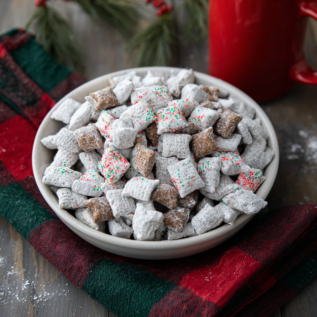 Christmas Puppy Chow in a bowl with festive sanding sugar
