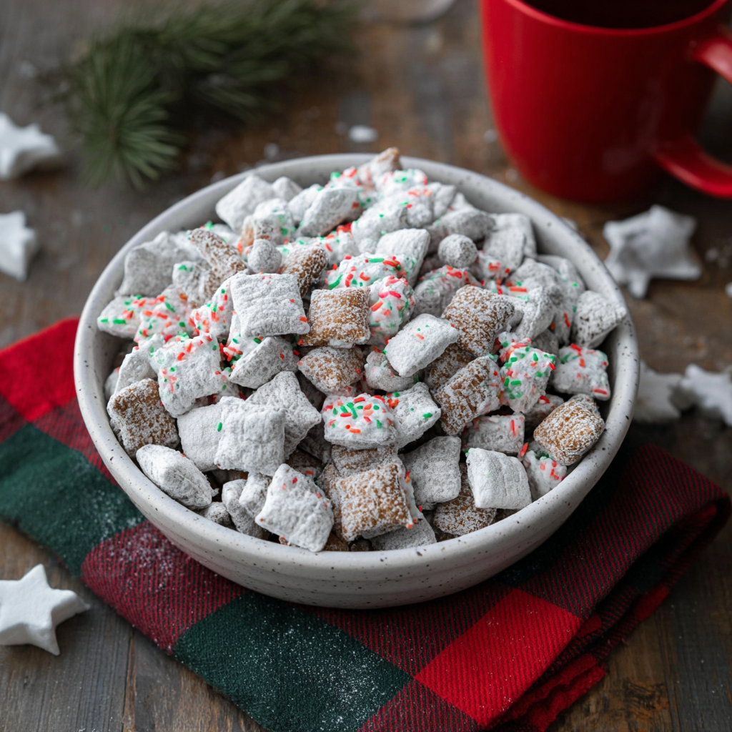 Close up of coated Chex with red and green sanding sugar