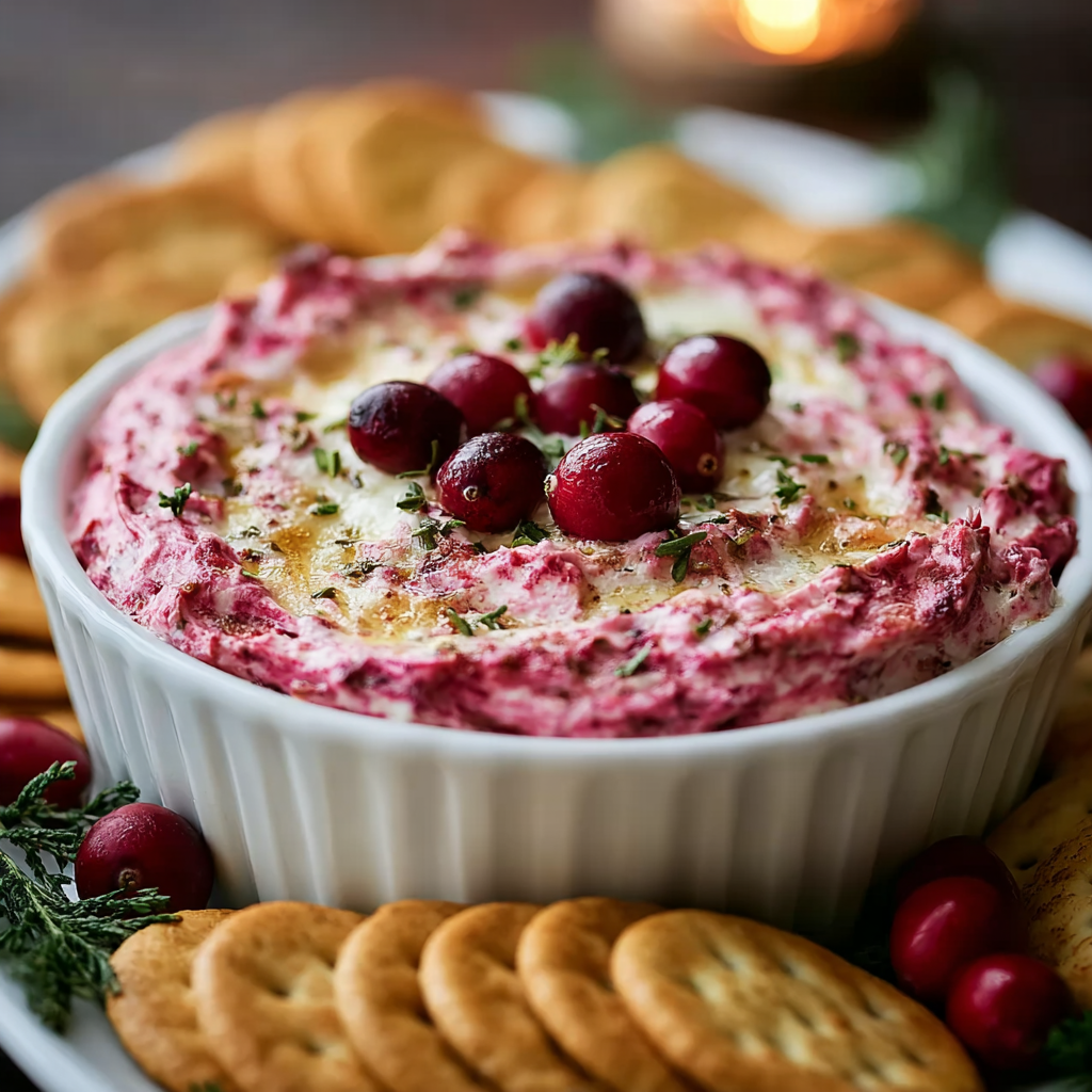 Baked cranberry cream cheese dip fresh from oven