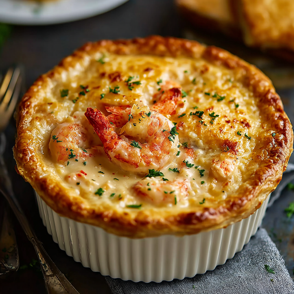 Shrimp and lobster pot pie with golden cheddar bay biscuit topping