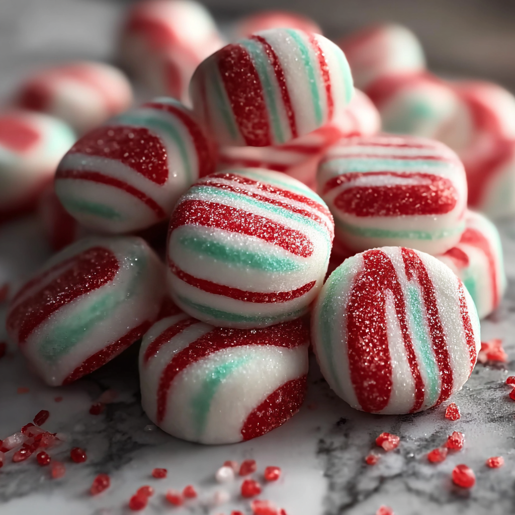 Close up of finished peppermint discs coated in sugar