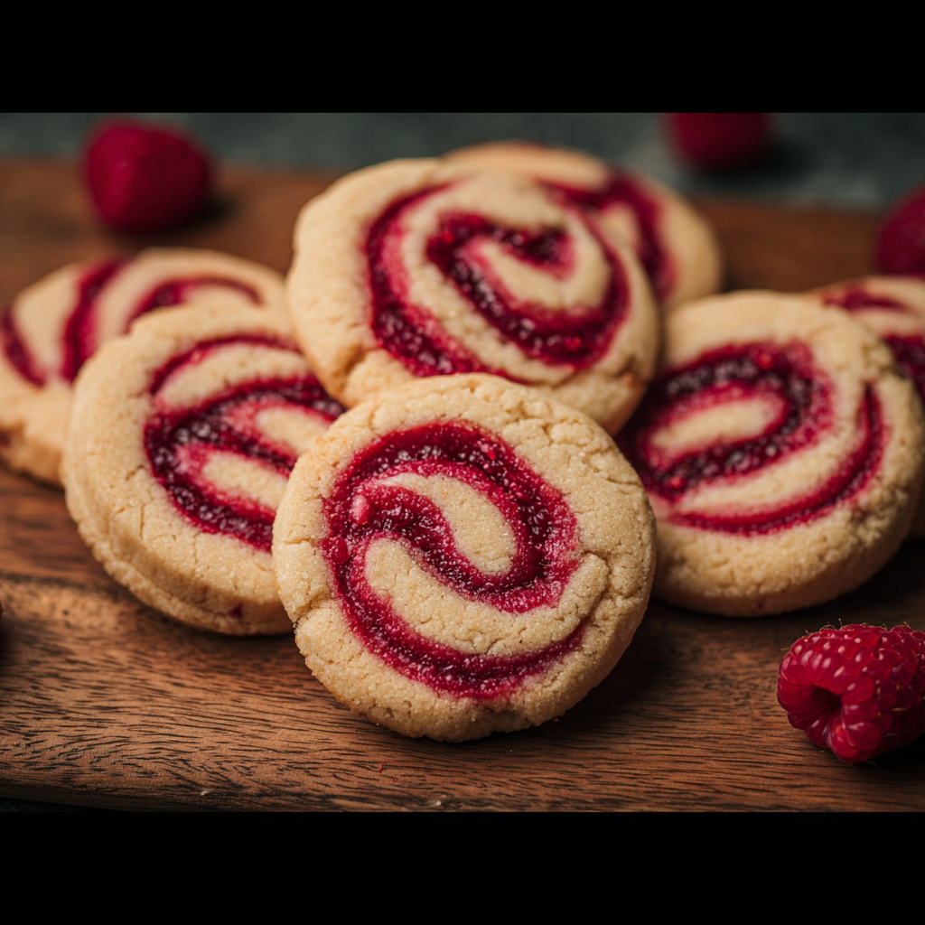 Raspberry swirl cookies on parchment