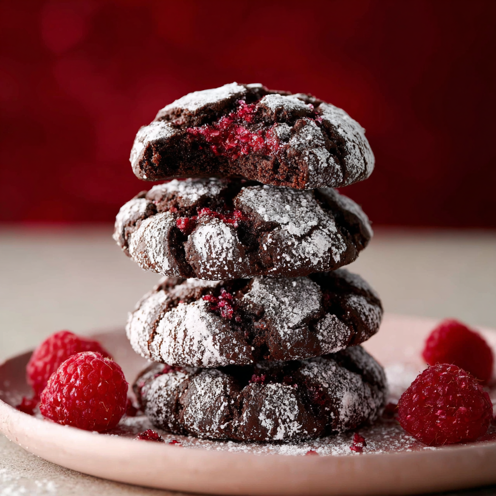 Chocolate Raspberry Crinkles on a cooling rack