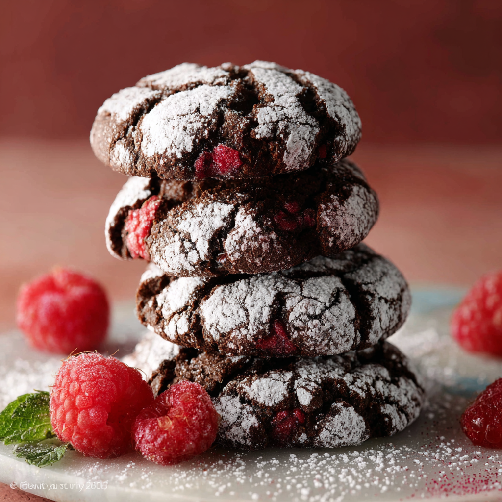 Stack of Chocolate Raspberry Crinkles dusted with powdered sugar