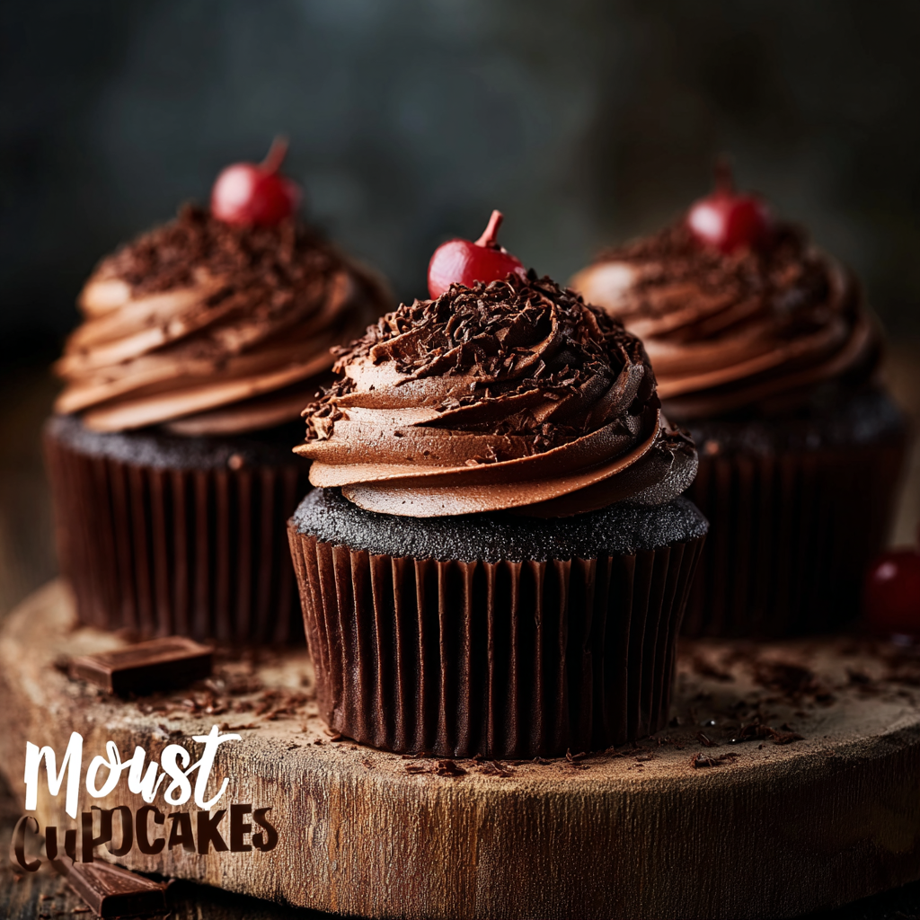 Tray of moist chocolate cupcakes with swirled buttercream