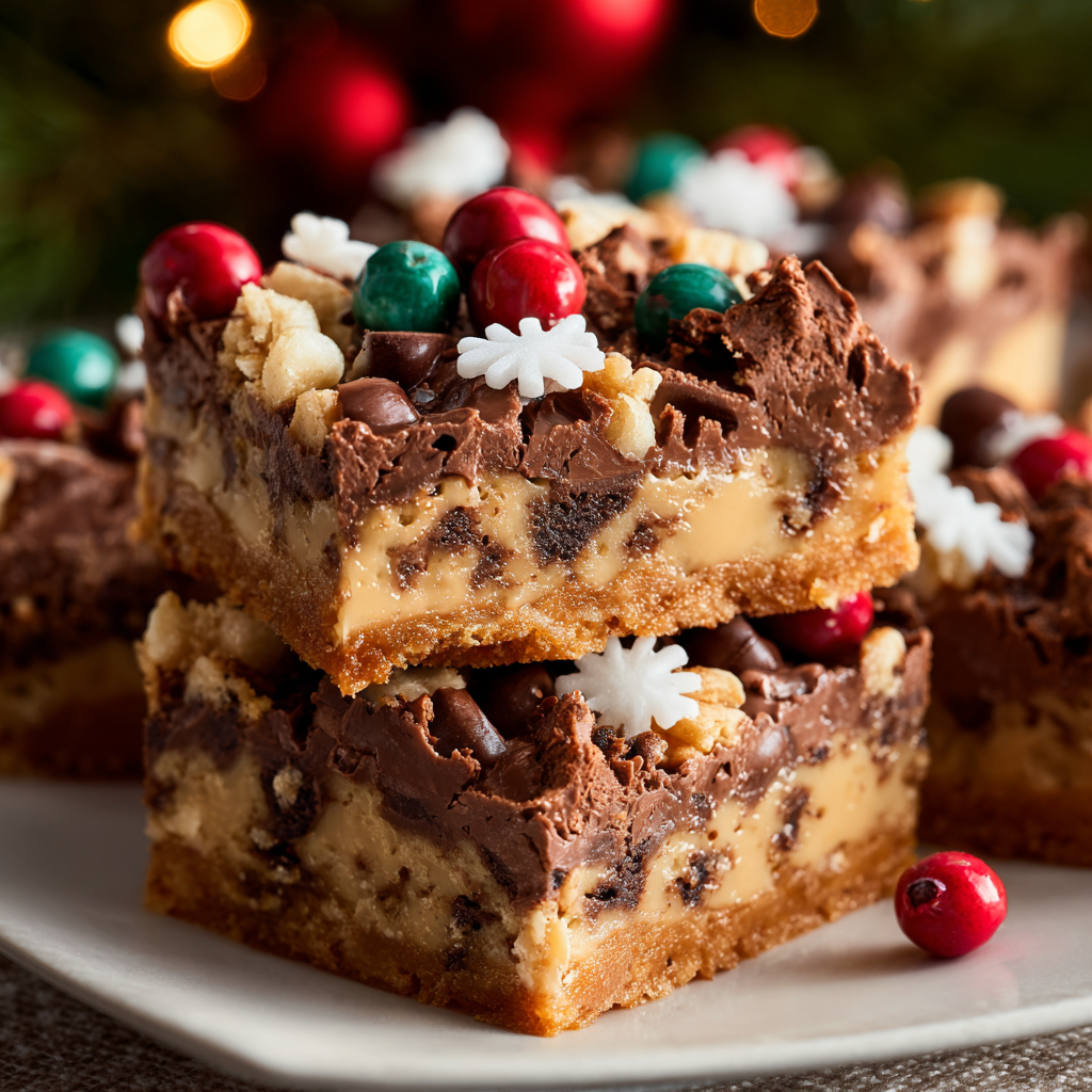 Christmas Magic Cookie Bars in pan with bite removed