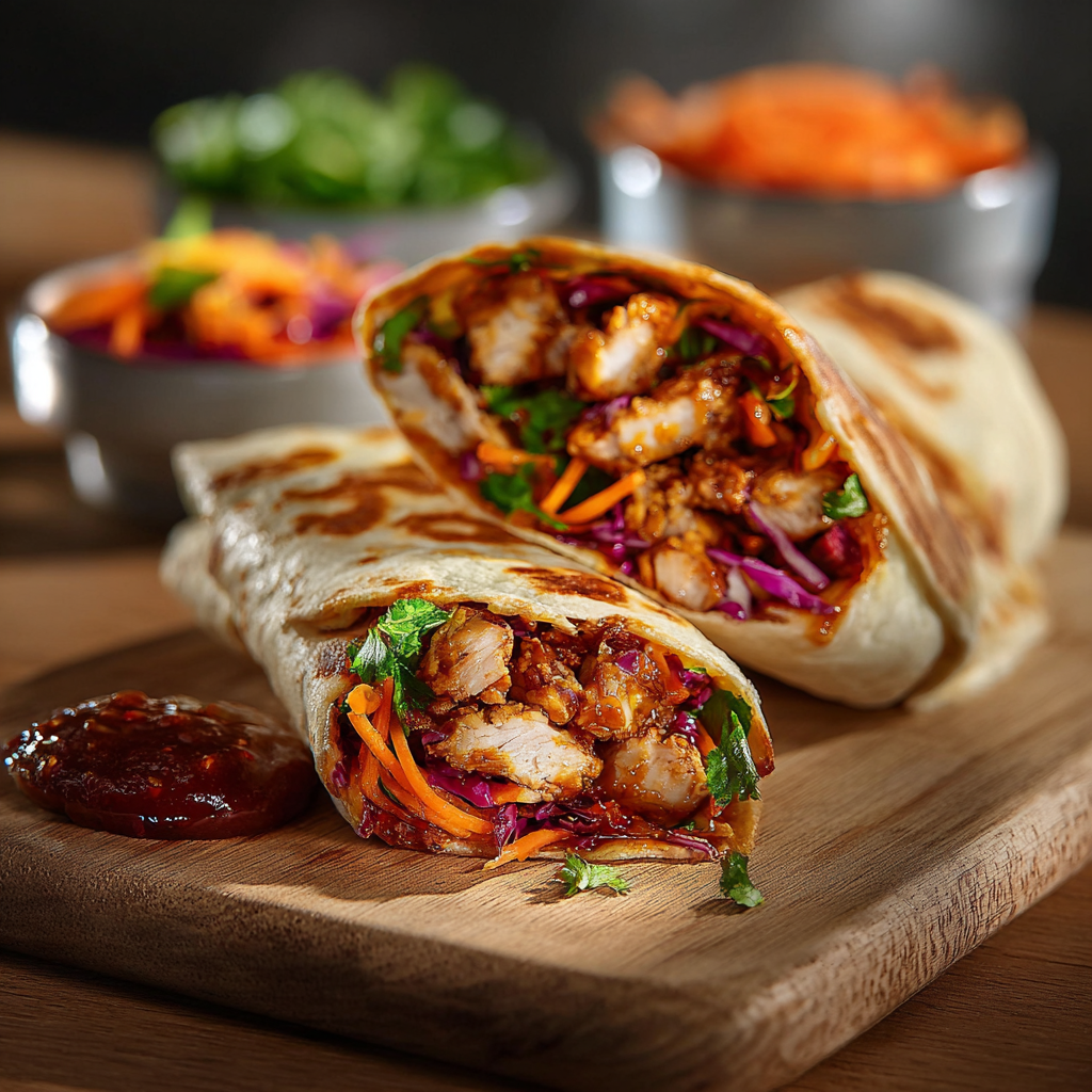Two sweet and spicy chicken wraps sliced on a cutting board