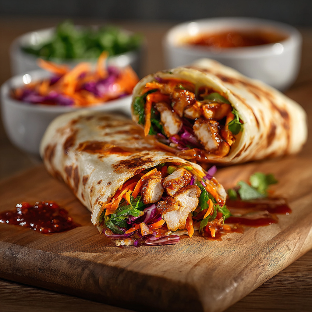 Closeup of sauced chicken and fresh vegetables ready to be wrapped