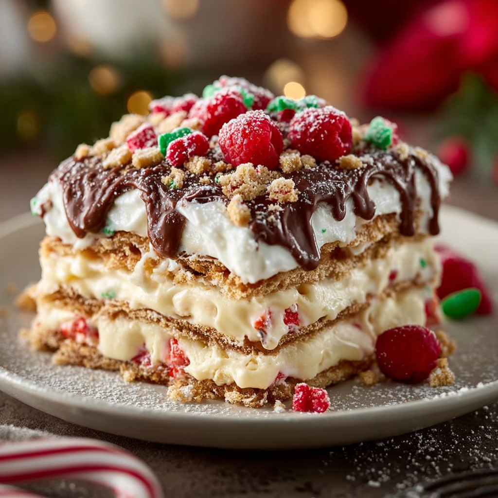 Festive cookie lasagna layered in a glass pan with sprinkles on top