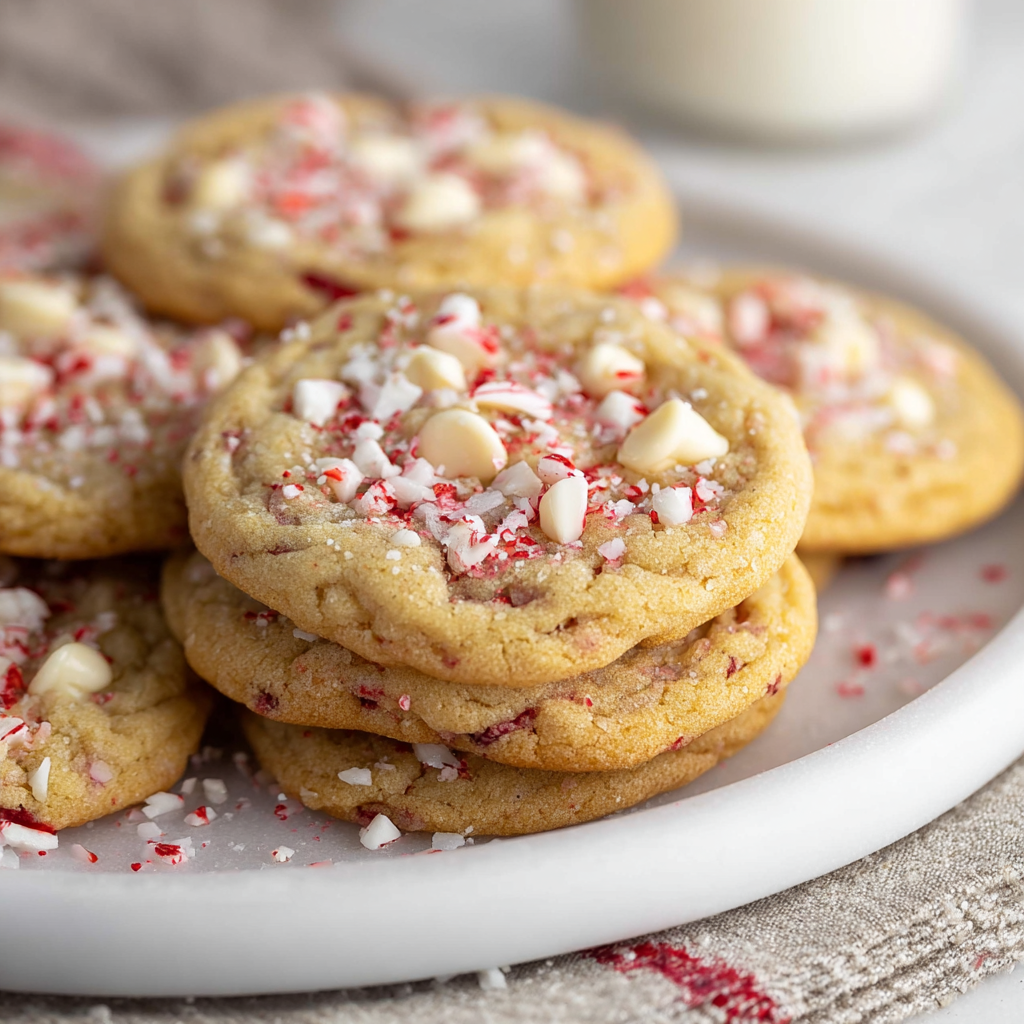 Baked peppermint white chocolate cookies on a cooling rack