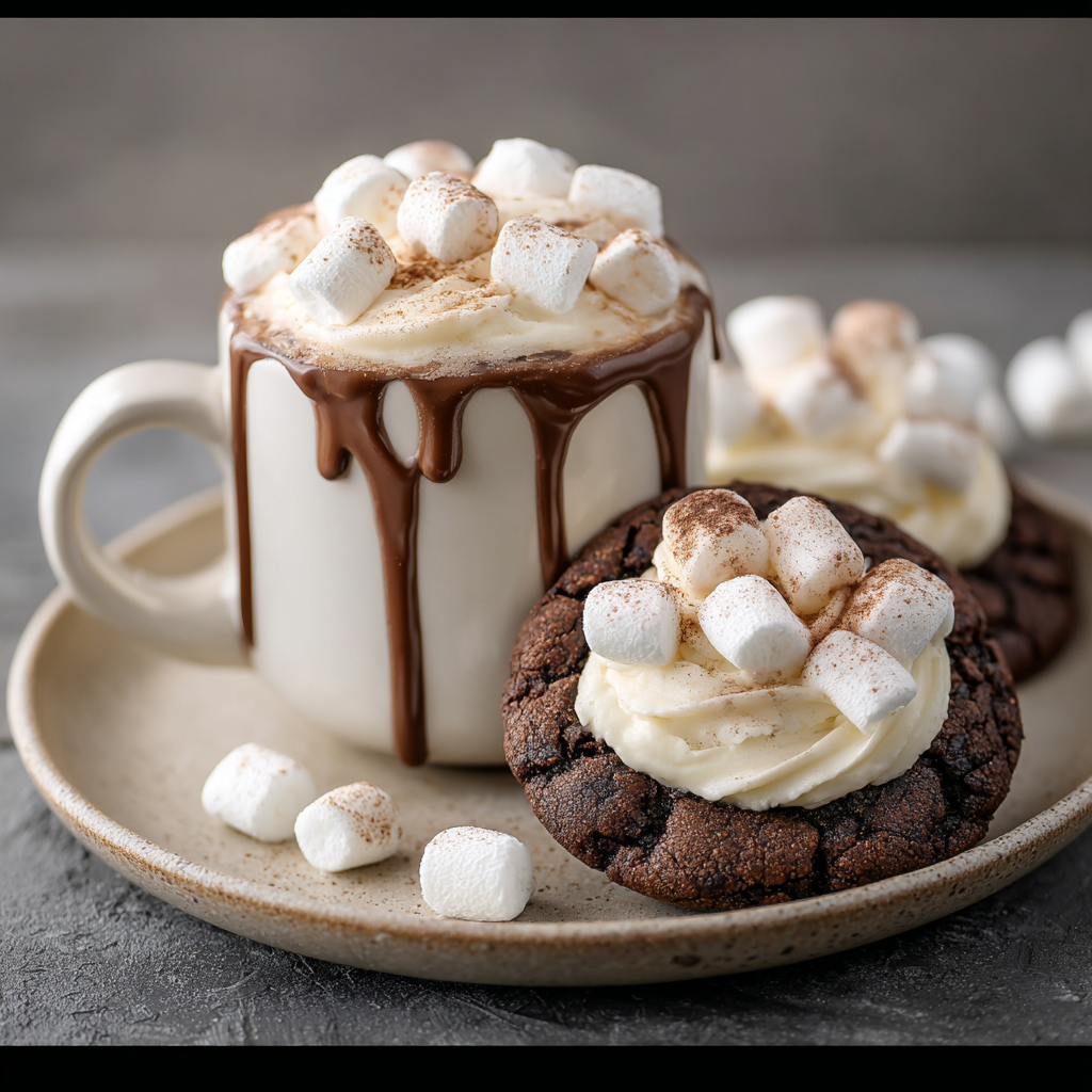 Hot Cocoa Cookies with Marshmallow Buttercream on a cooling rack