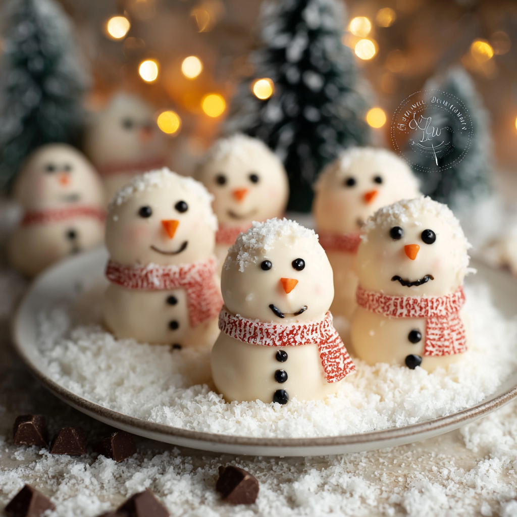 Snowman truffles on parchment with decorations