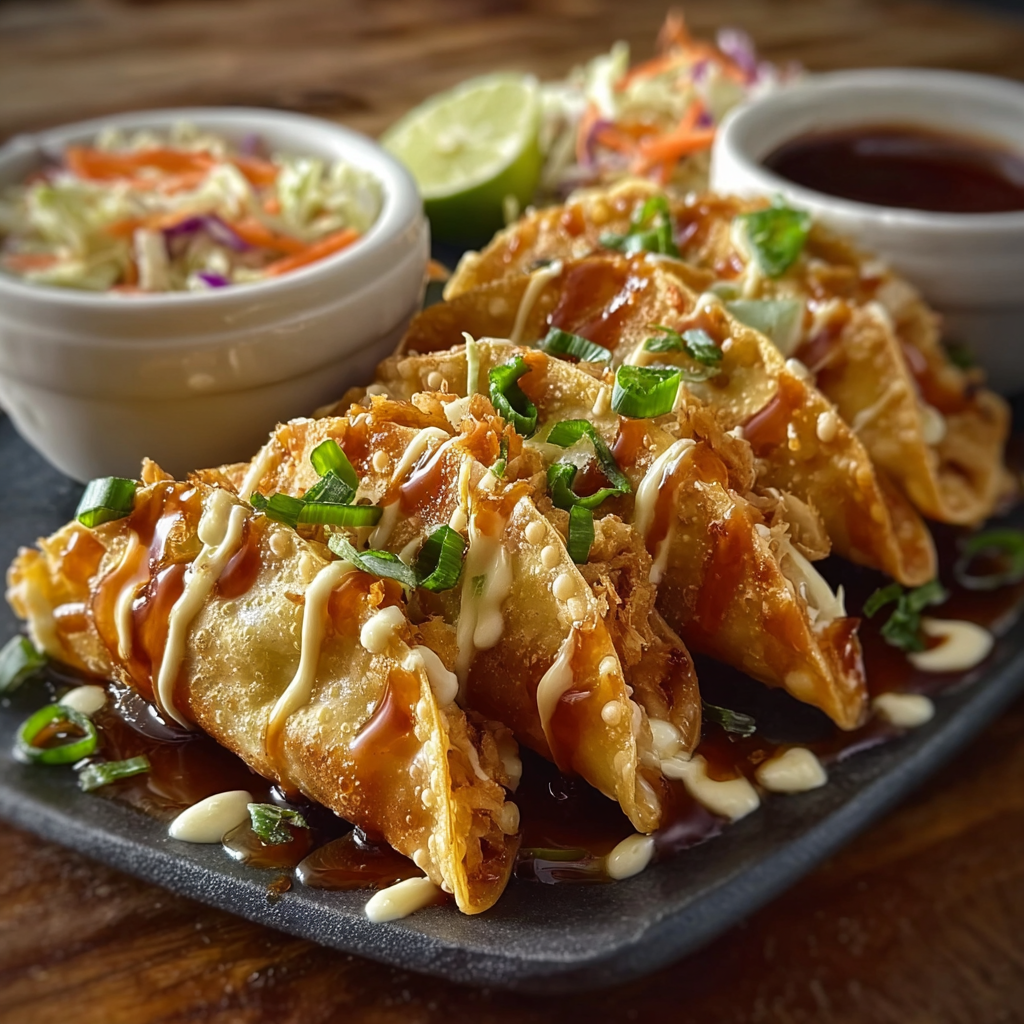 Finished chicken wonton tacos on a platter