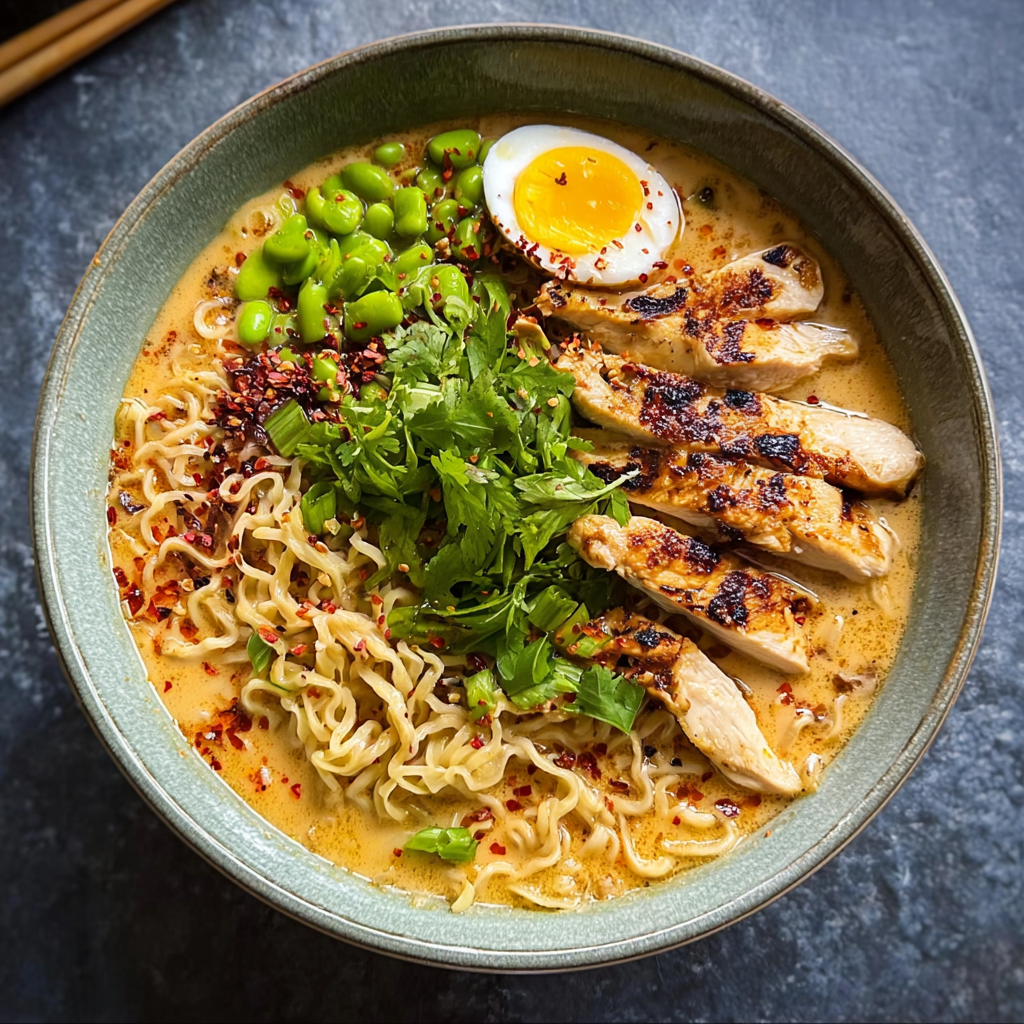 Creamy sun-dried tomato chicken ramen in a bowl with toppings