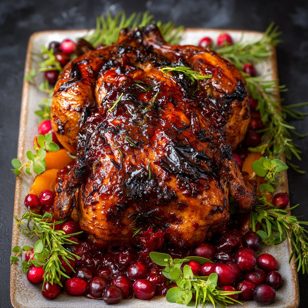 Slices of roast chicken with cranberry glaze