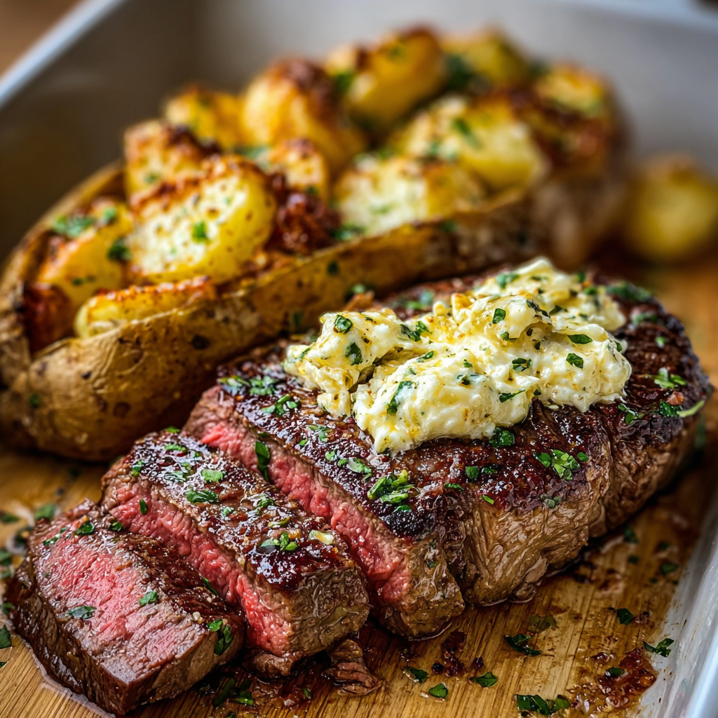 Garlic butter steak layered with cheddar potatoes